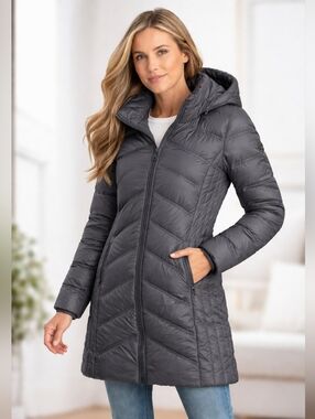 Michael Kors Packable Down Coat Womens Small Gray Puffer Removable Hood Logo